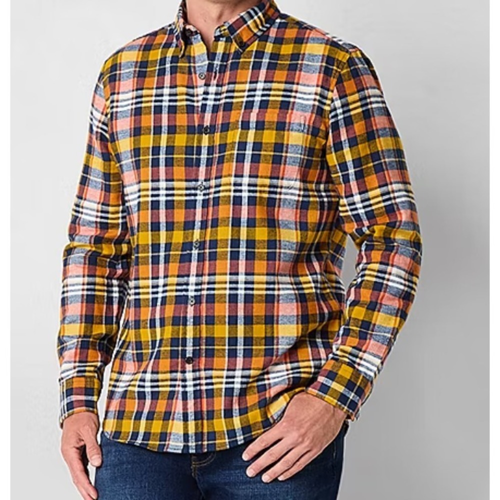 NWT! St John's Bay Men's Long-Sleeve, Navy Gold Plaid, Classic Fit - XL
